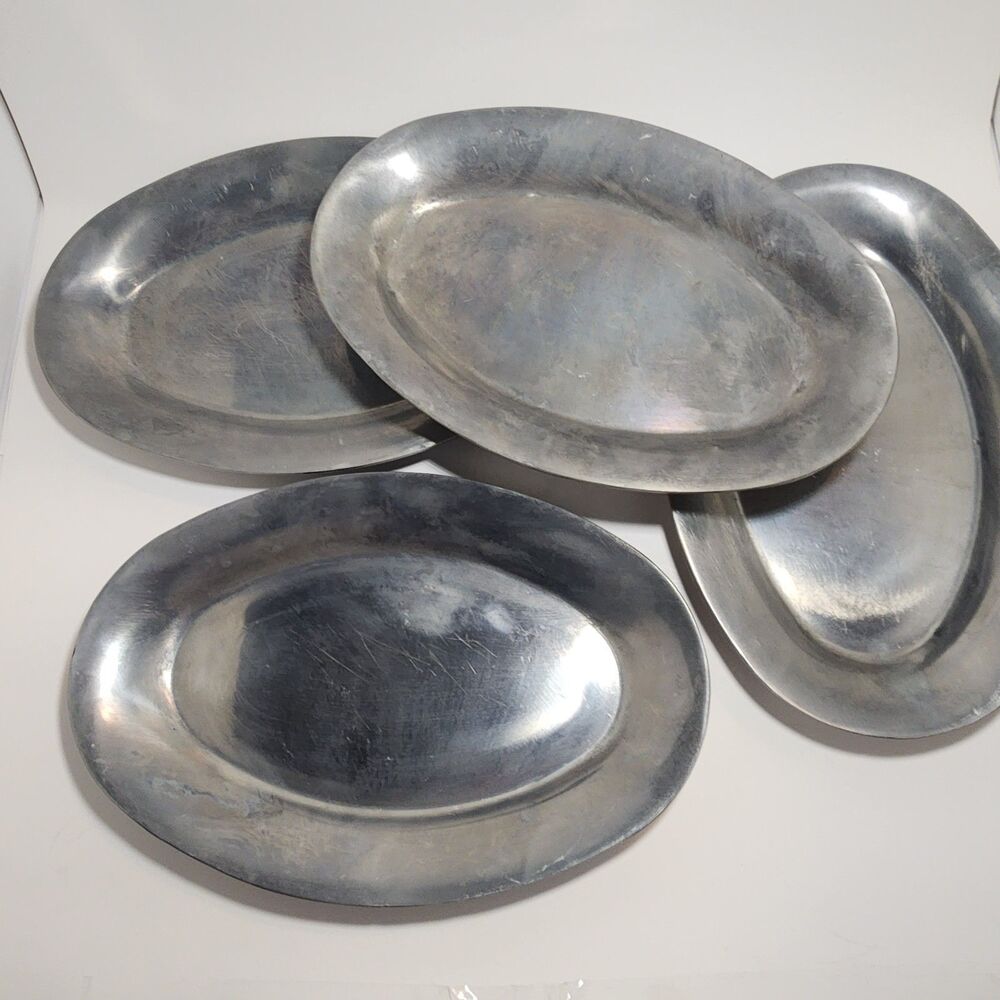 Vintage Japan Aluminum Sizzling Steak Platters Wood Boards Set 4 Plates